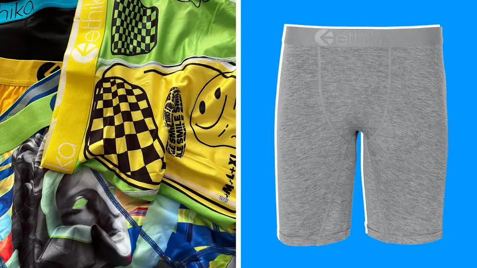 Detail shot of a few pairs of colorful underwear on the left, and a gray long boxer brief on the right.