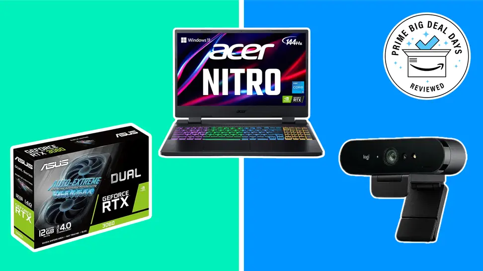 Asus Dual Nvidia GeForce RTX 3060 V2 OC Edition Graphics Card, Acer Nitro 5 Gaming Laptop, and Logitech Brio 4K Webcam on a green and blue background.
