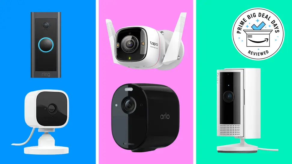 A variety of home security cameras on a multi-color background