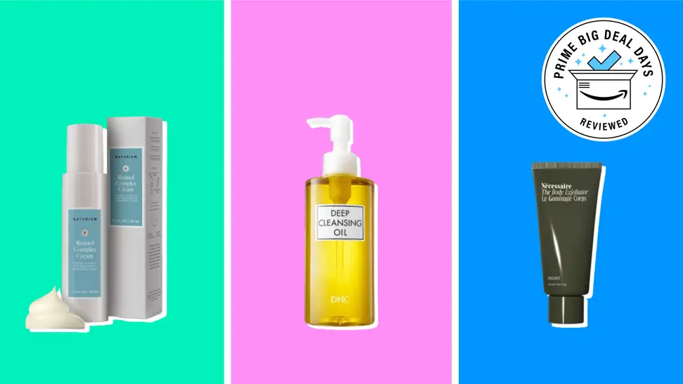 Naturium Retinol Complex Face Cream, DHC Deep Cleansing Oil, and Nécessaire The Body Exfoliator on colored backgrounds.