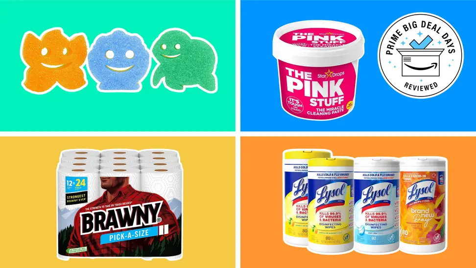 Sponges, cleaning supplies, paper towels, and Lysol disinfectant on a multi-colored background.