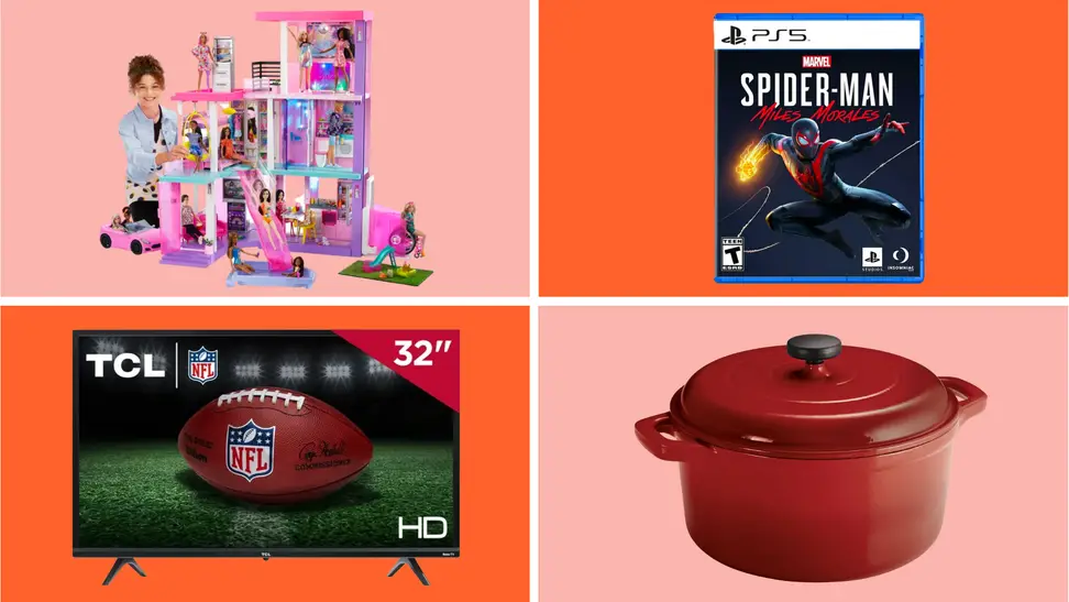 A collage of discounted Walmart products on a colorful background.