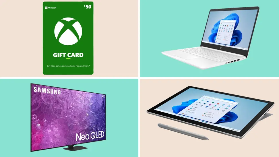 A collection of items on sale at Best Buy in front of colored backgrounds.