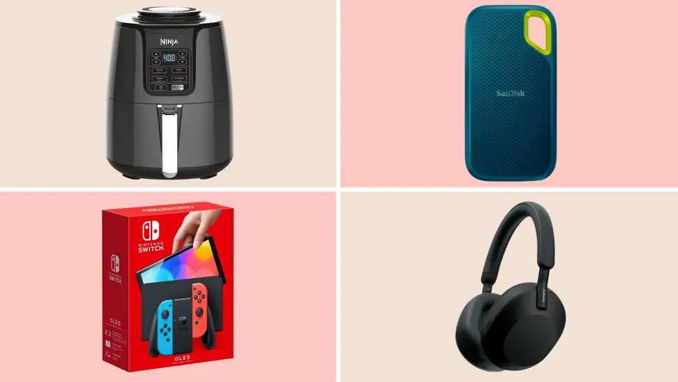 Ninja air fryer, SanDisk external hard drive, Nintendo Switch OLED, Sony WH1000XM5 headphones