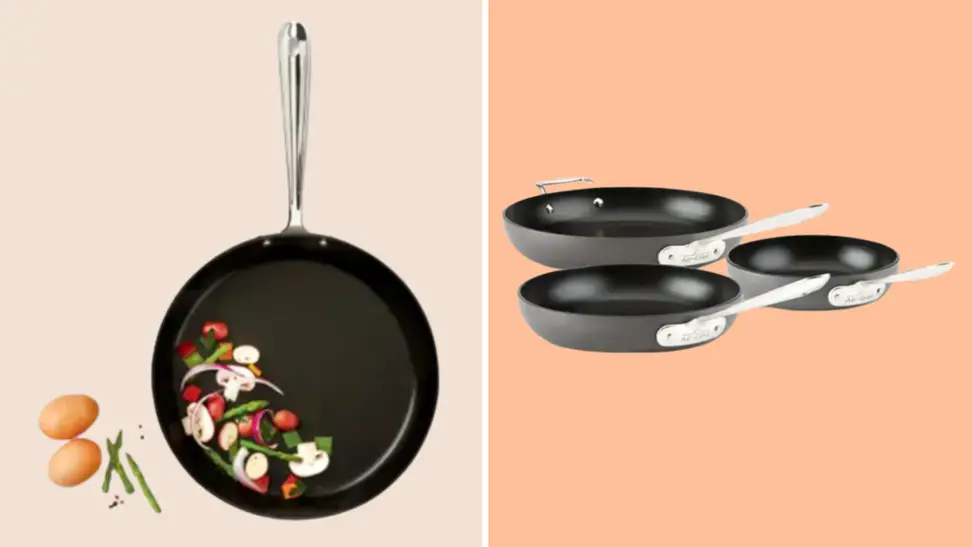 Photo of an All-Clad frying pan set on a colored background.