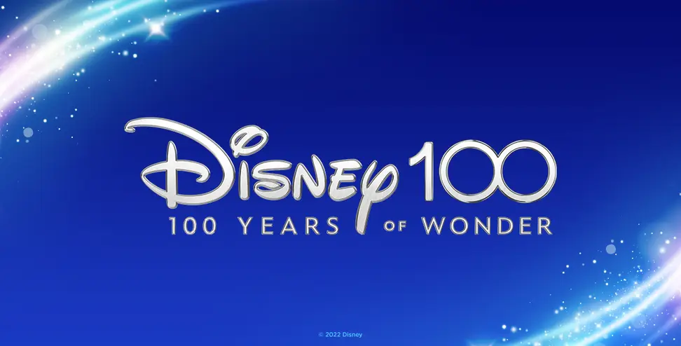 Logo of Disney 100 against blue background with light blue sparkle effects