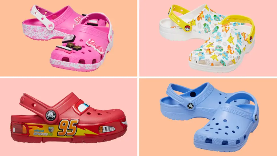 Photo of four pairs of Crocs on a colorful background.