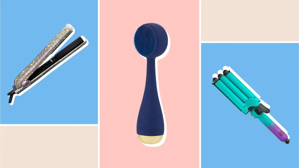 Collage of a CHI hair straightener, PMD face cleaner, and Bed Head hair waver against a blue and pink background.