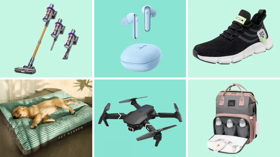 Photo of various AliExpress products on a colorful background.