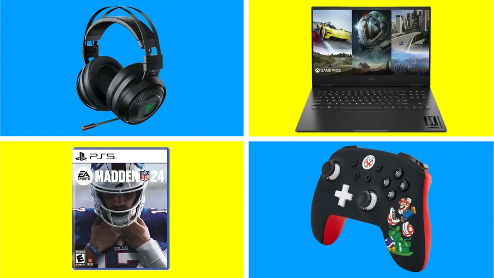 A collection of gaming tech in front of multi-colored backgrounds.