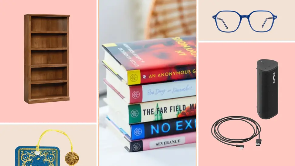Collage featuring the Sauder 5-shelf bookcase, the top of a blue and gold Peter Pauper Press bookmark, a stack of five books from Book of the Month, a pair of stylish blue Ray-Band reading glasses, and the Sonos Roam Bluetooth speaker in black.