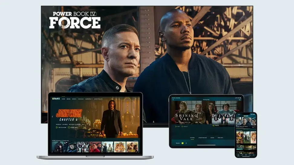 A Starz promotional image with TVs, laptops, a phone, and more.