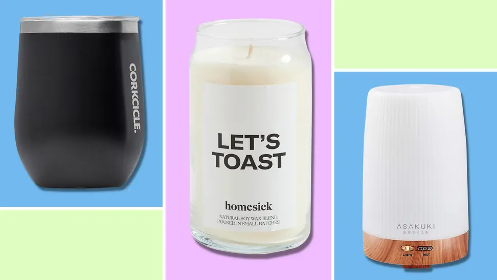 A Corksicle cup, a Homesick "Let's Toast" candle, and a Asakuki diffuser.