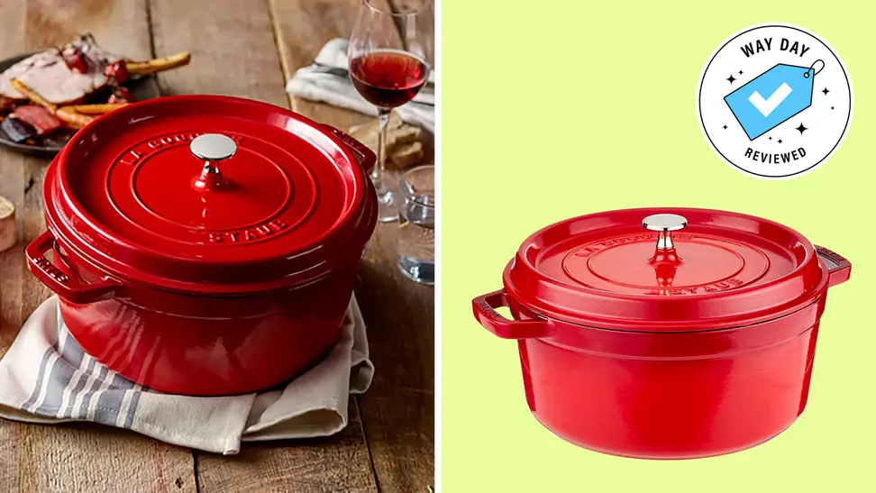 A discounted Staub Dutch oven on a wooden kitchen background and a collage with a Way Day badge.
