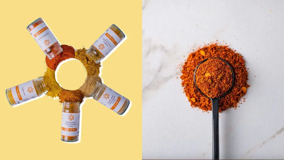 On the left: A picture of five Savory Spices in a circle, with spilled spices. On the right: A picture of a black spoon on a countertop, with Savory Spice on it.