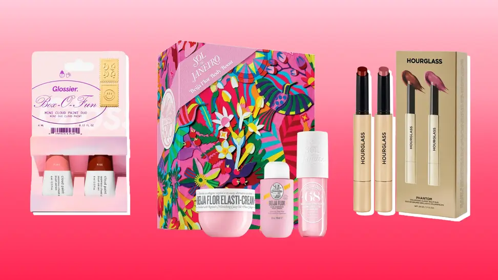 Collage of holiday gift sets from Glossier, Sol De Janerio, and Hourglass against a pink and red background.
