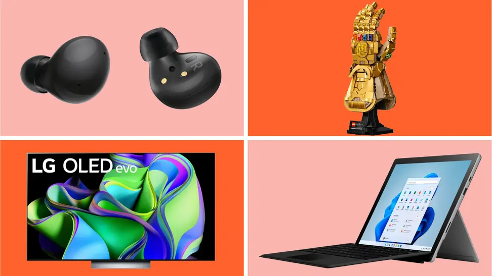Various discounted Best Buy products on a colored background.