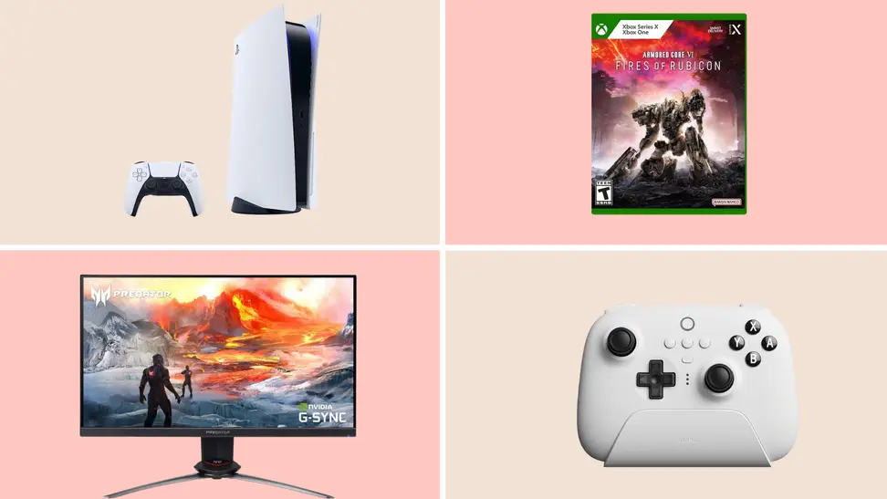 A selection of the best gifts for gamers, including a PlayStation 5, Armored Core VI: Fires of Rubicon for Xbox Series X, an Acer monitor, and 8bitdo controller.