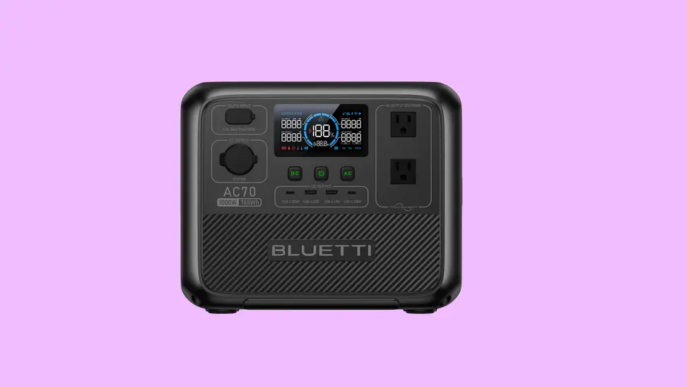 A close-up of the Bluetti AC70 power station on a light purple background.