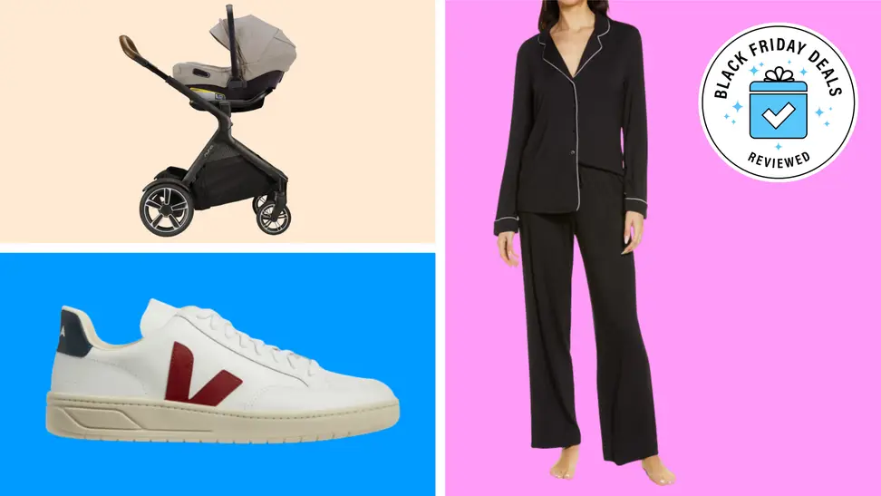 Collage of Nordstrom pajamas, Veja sneakers, and a Nuna stroller.