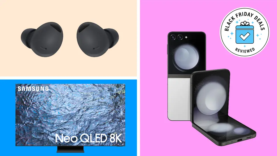 A group of discounted Samsung products on a colorful background with a Black Friday badge.
