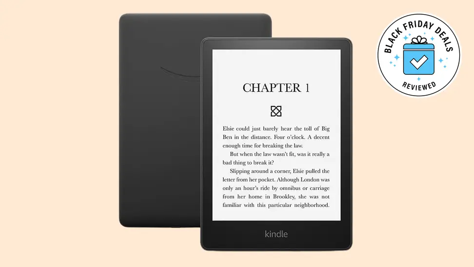 An e-reader sits on a peach background