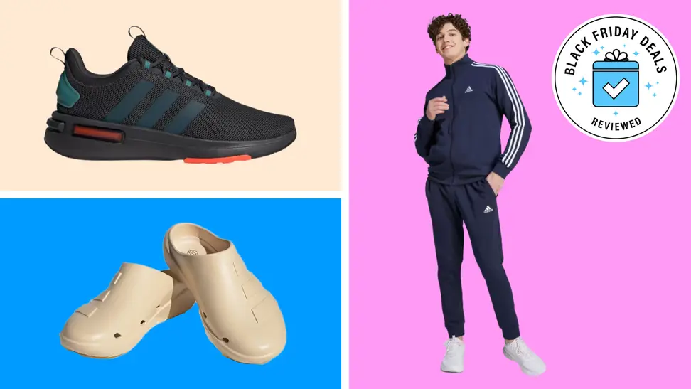 A collection of adidas threads with the Black Friday Deals Reviewed badge in front of colored backgrounds.