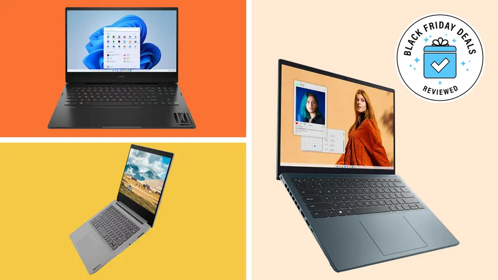 A collage of discounted laptops from Amazon on a colorful background.