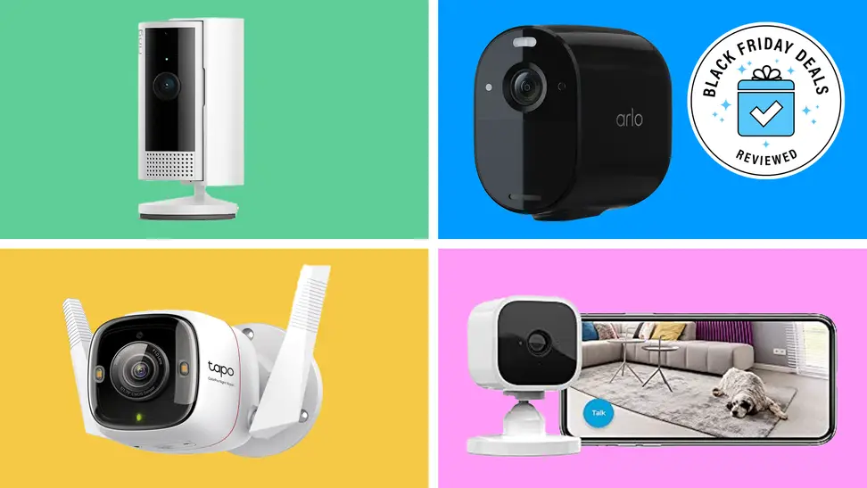 Photo collage of four different security cameras.