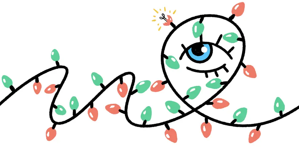 An illustration of a string of lights with one broken light being inspected by an eye.