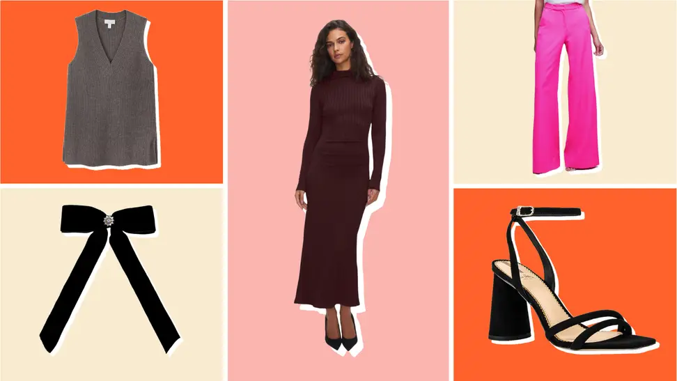 Collage of five articles of women's clothing