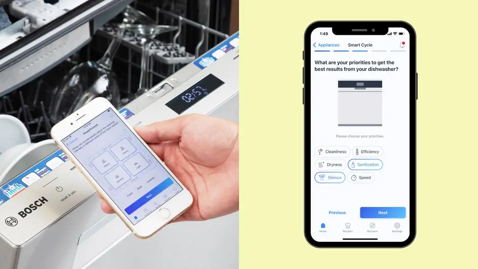 Left: hand holding phone with Bosch Home Connect app open. Right: Phone on yellow background with Bosch Home Connect screenshot