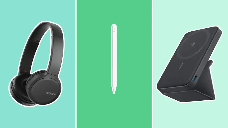 Sony’s WF-1000XM5 headphone on the left, center is a white Apple pencil, and on the right is the Anker Magnetic Battery.