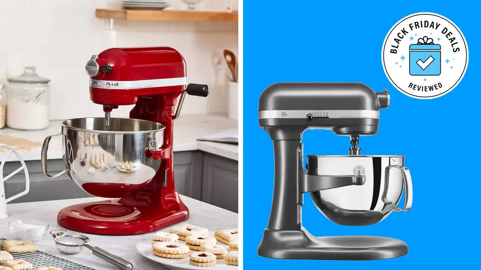 A collage with two KitchenAid six-quart stand mixers and a Black Friday badge in the corner.