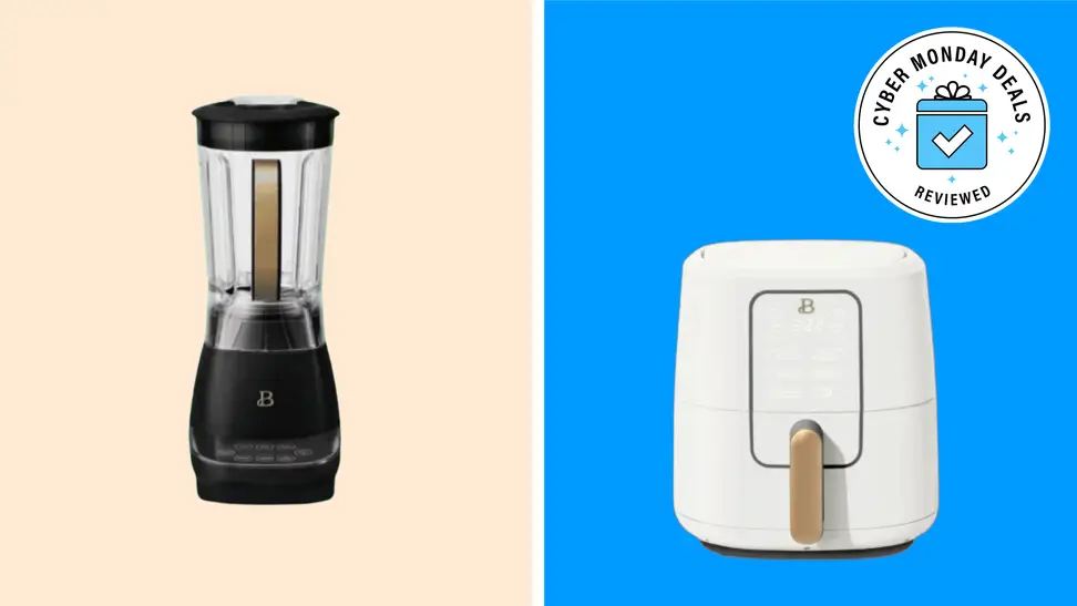 A blender sits on a peach background, and an air fryer on a blue background
