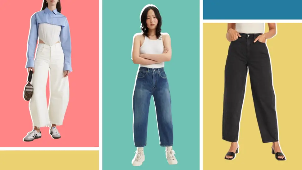 Three models wearing barrel-leg jeans. One pair is white, one is a blue pair, and one pair is black.
