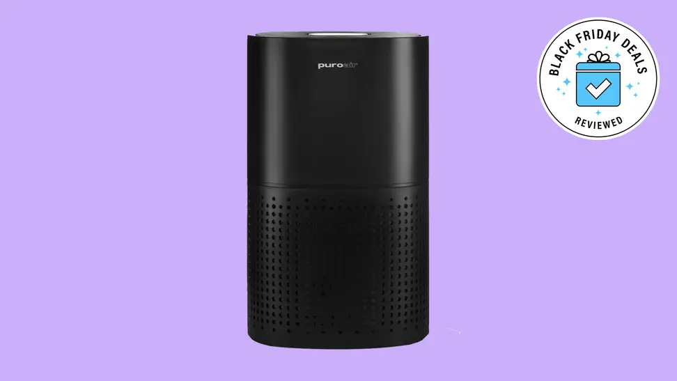 A PuroAir 240 air purifier on a violet background with a Black Friday badge in the corner.