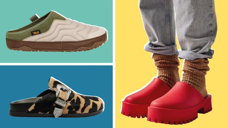 A quilted clog that is olive green and cream, another clog that has a printed textile upper, and a model wearing bright red clogs.