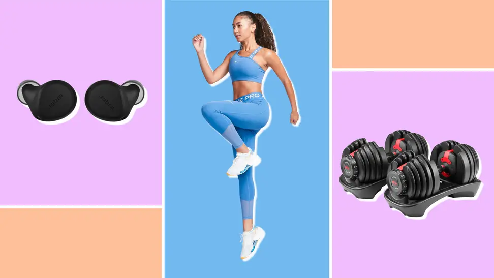 A woman wearing blue Nike top and pants, Jabra wireless earbuds and a set of Boxflex dumbbells.