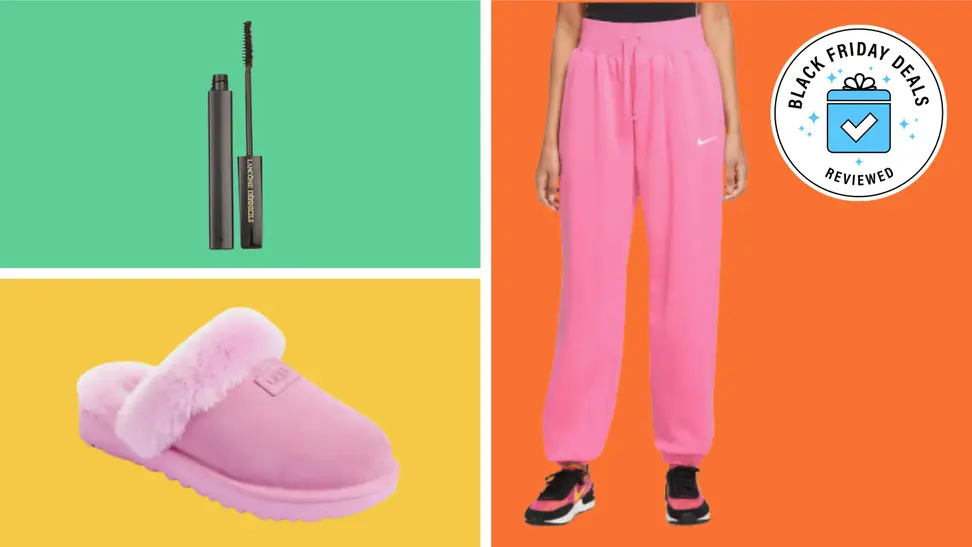 Three style and beauty products with the Black Friday Deals Reviewed badge in front of colored backgrounds.