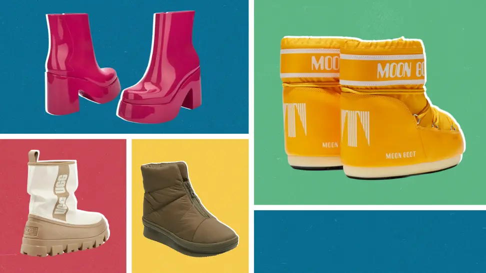 A collage of pink, yellow, tan, and brown boots