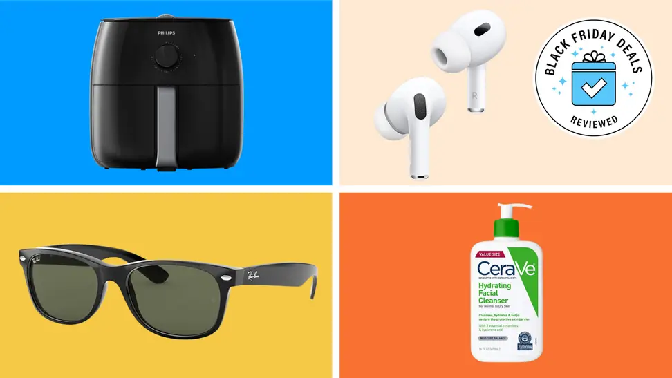A collection of on-sale products from Amazon with the Black Friday Deals Reviewed badge in front of colored backgrounds.