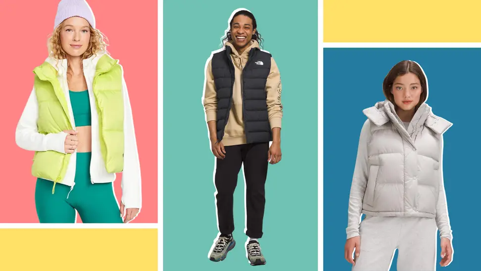 Three models: A woman wearing a bright green puffer vest, a man wearing a black puffer vest, and the third is a woman wearing a gray puffer.