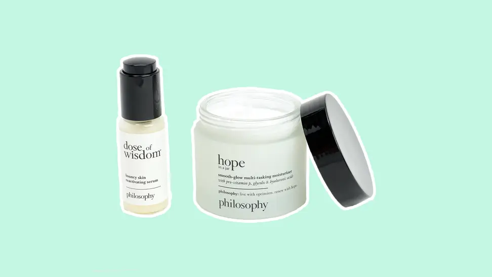 An image of philosophy's hope in a jar moisturizer and dose of wisdom serum on green background