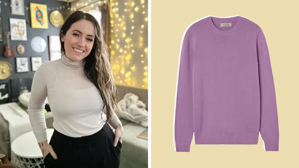 The author wearing a beige turtleneck sweater on the left. On the right is a product photograph of a purple crewneck sweater.