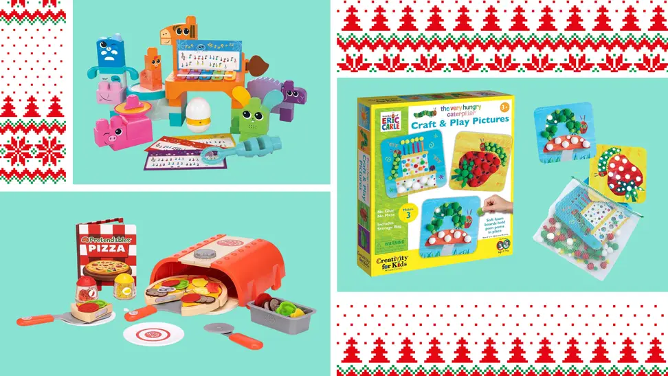 A LEGO City box set, two children playing with Air Toobz and an eeBoo Scavenger Hunt box set.