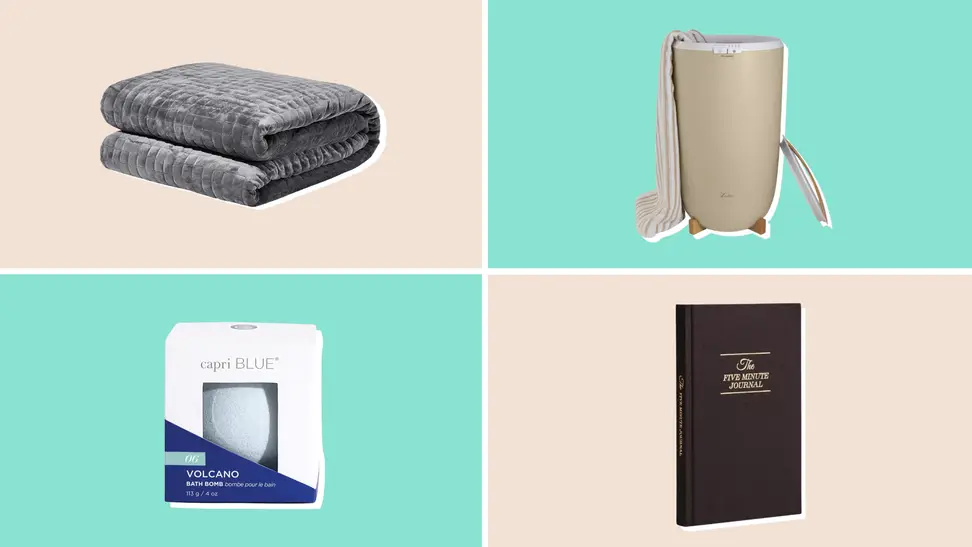 A bath bomb, a weighted blanket, a towel warmer and a journal