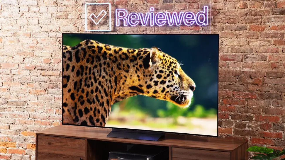 The LG C3 OLED TV displaying a 4K nature documentary in front of a brick wall