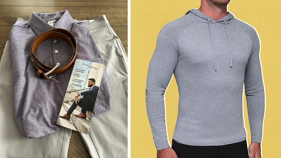 A pair of chinos, a purple polo, a belt, and a pamphlet from State and Liberty on a tabletop, alongside a product shot of a model wearing a fitted gray hoodie.