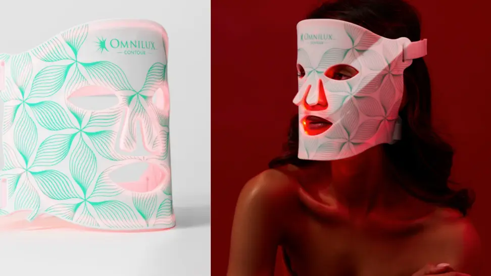 A diptych of the Omnilux mask and a woman wearing it in low light.